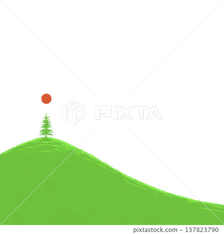 Lone tree stands on vibrant green hill under clear sky with red sun, creating serene and minimalist landscape 137823790