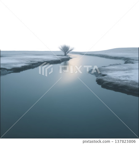 Solitary tree stands by tranquil river, surrounded by snowy landscape under serene sky. calm water reflects soft light, creating peaceful winter scene 137823806
