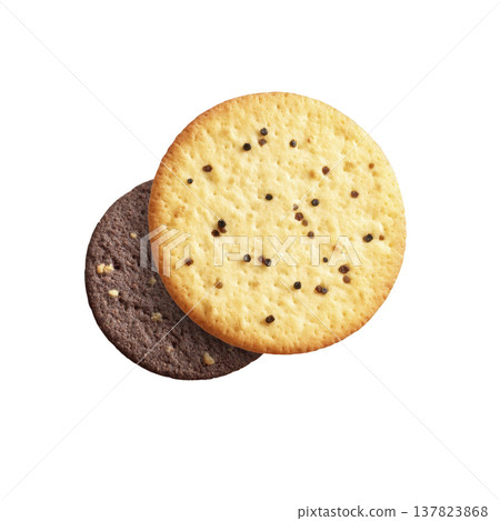 Two round cookies, one chocolate and one vanilla, are stacked with visible chocolate chips on vanilla cookie. image highlights contrast between dark and light cookies 137823868