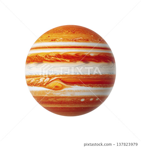 This depicts vibrant, swirling representation of Jupiter, showcasing its iconic bands and Great Red Spot. planet dynamic atmosphere is highlighted with vivid orange and white hues This depicts vibrant, swirling representation of Jupiter, showcasing its iconic bands and Great Red Spot. planet dynamic atmosphere is highlighted with vivid orange and white hues 137823979