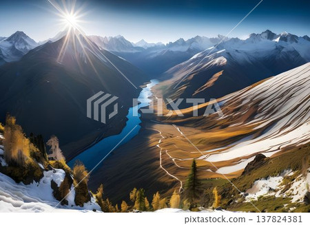Panoramic View of Mountain Valleys and River Panoramic View of Mountain Valleys and River 137824381