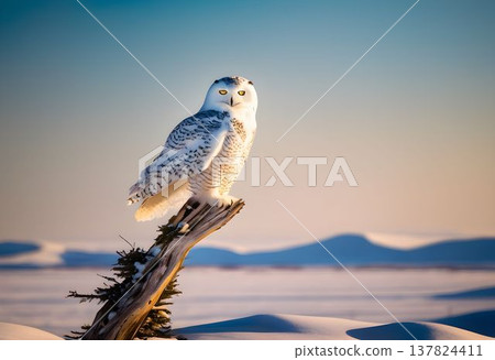 Snowy Owl Sitting on Tree in Arctic Landscape, Plastic Bags Flapping in the Icy Wind 137824411