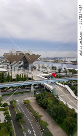 The view of Tokyo from a building window, showing dense urban skyline, rooftops, streets and distant skyscrapers 137824434