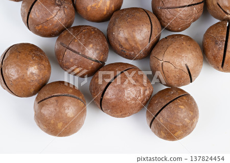 Closeup macadamia nuts in shells close cluster textured brown shells with fissures, natural rustic feel, soft studio light, food styling for gourmet baking and packaging Closeup macadamia nuts in shells close cluster textured brown shells with fissures, natural rustic feel, soft studio light, food styling for gourmet baking and packaging 137824454