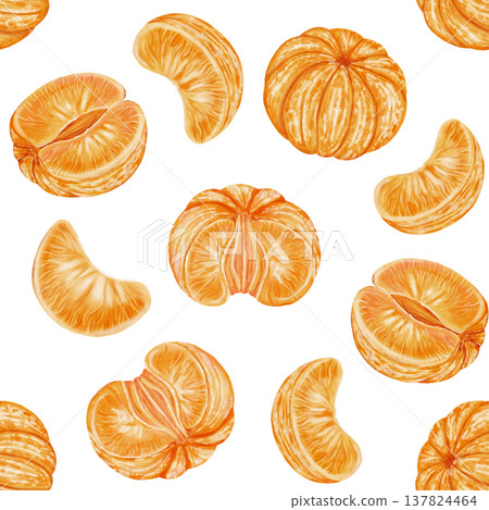 Watercolor seamless pattern featuring peeled tangerines and slices. The vibrant orange citrus fruits are hand-drawn. Suitable for textiles, wallpaper, winter holiday designs, packaging, and recipes Watercolor seamless pattern featuring peeled tangerines and slices. The vibrant orange citrus fruits are hand-drawn. Suitable for textiles, wallpaper, winter holiday designs, packaging, and recipes 137824464