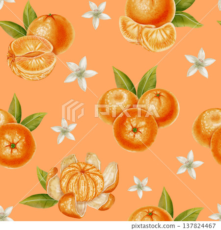 Hand-drawn watercolor seamless pattern of mandarin compositions with blossoms, peeled fruit, and foliage on green. Perfect for textiles, wallpaper, winter holiday designs, packaging, and recipes 137824467
