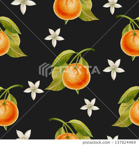 Dense watercolor seamless pattern of mandarins on branches with lush white blossoms and leaves. Botanical citrus illustration for luxury textile and home decor, wallpaper, winter holiday designs Dense watercolor seamless pattern of mandarins on branches with lush white blossoms and leaves. Botanical citrus illustration for luxury textile and home decor, wallpaper, winter holiday designs 137824469