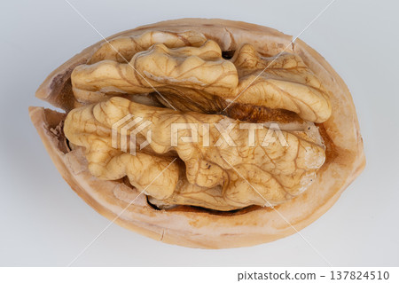 Nut brain imagery. Walnut shell with textured folds. Closeup of walnut kernel showing intricate details. Detailed macro view of raw walnut with textured brainlike folds Nut brain imagery. Walnut shell with textured folds. Closeup of walnut kernel showing intricate details. Detailed macro view of raw walnut with textured brainlike folds 137824510