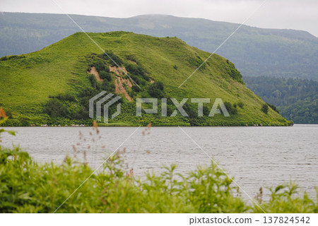 A picturesque scene depicting green hills along the Kuril Islands' coastline on a bright summer day. 137824542