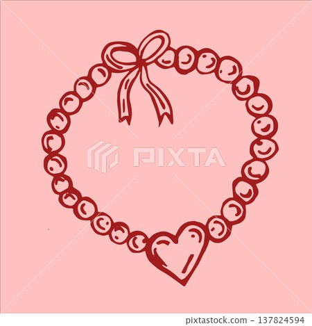 A stunning vector illustration of a red pearl necklace featuring a heart and a bow, beautifully set against a soft pink background. A stunning vector illustration of a red pearl necklace featuring a heart and a bow, beautifully set against a soft pink background. 137824594