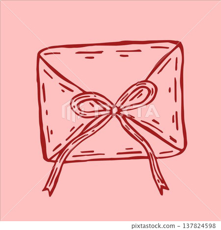 A charming vector illustration of a red closed envelope adorned with a bow, beautifully set against a soft pink background. 137824598