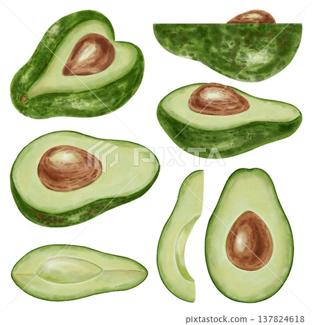 A hand-drawn watercolor avocado set slices and pieces, whole and halves. Perfect for stores, cafes, packaging, menus, logos, and projects related to healthy eating and cosmetics. A hand-drawn watercolor avocado set slices and pieces, whole and halves. Perfect for stores, cafes, packaging, menus, logos, and projects related to healthy eating and cosmetics. 137824618
