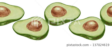 Watercolor illustration of a seamless avocado border with slices and leaves. Suitable for stores, cafes, packaging, menus, and products related to cooking, skincare, and health Watercolor illustration of a seamless avocado border with slices and leaves. Suitable for stores, cafes, packaging, menus, and products related to cooking, skincare, and health 137824619