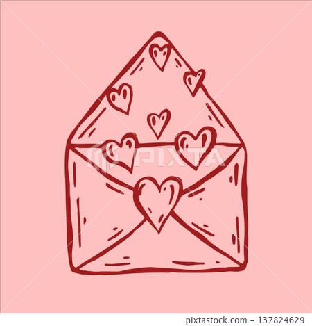 A captivating vector illustration of a red open envelope decorated with heart patterns, set against a soft pink background. A captivating vector illustration of a red open envelope decorated with heart patterns, set against a soft pink background. 137824629