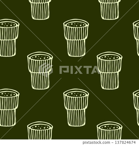 Vector illustration of a seamless pattern with ribbed glasses filled with green matcha tea on a dark green background. Vector illustration of a seamless pattern with ribbed glasses filled with green matcha tea on a dark green background. 137824674