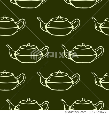 Vector illustration of a seamless pattern featuring teapots for brewing matcha tea on a dark green background. Vector illustration of a seamless pattern featuring teapots for brewing matcha tea on a dark green background. 137824677