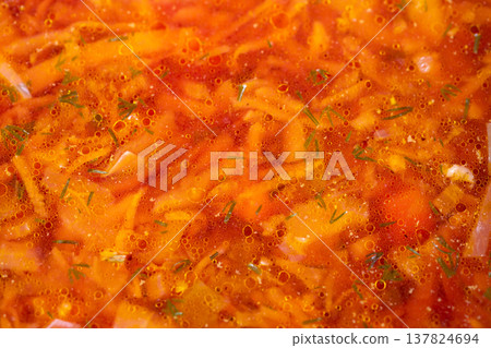 Soup for busy households. Prepared borscht meal for refrigeration. Batch made vegetable soup ready to serve. Large batch of borscht with vegetables prepared in advance Soup for busy households. Prepared borscht meal for refrigeration. Batch made vegetable soup ready to serve. Large batch of borscht with vegetables prepared in advance 137824694