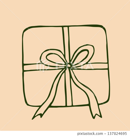 A delightful green gift box adorned with a large bow, illustrated in a playful doodle style against a soft cream background. 137824695