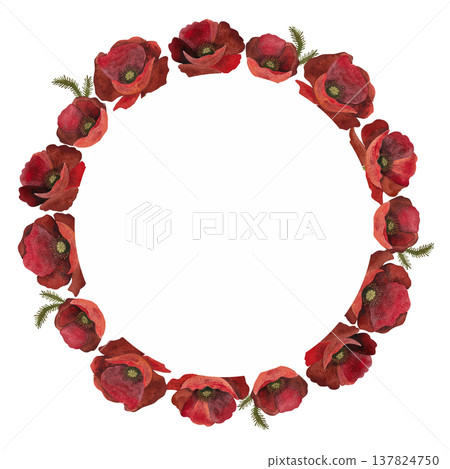 A watercolor circular frame of red poppy flowers with green foliage on a white background A watercolor circular frame of red poppy flowers with green foliage on a white background 137824750