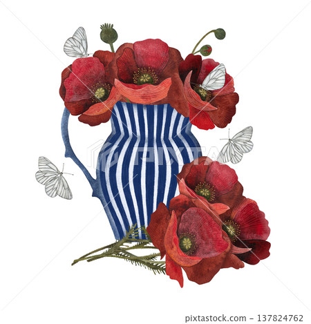 A watercolor illustration of red poppies in a striped vase, surrounded by white butterflies on a white background. A watercolor illustration of red poppies in a striped vase, surrounded by white butterflies on a white background. 137824762