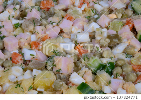 Economical Homemade Olivier Salad. CostEffective Olivier Salad Recipe Suitable for Family Dinners. Affordable and Easy to Prepare Olivier Salad Perfect for Family Gatherings 137824771