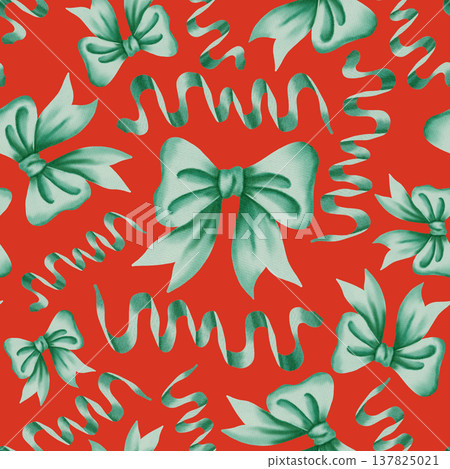 Elegant watercolor seamless patterns with hand-painted green ribbons and bows. Ideal for Easter, birthdays, gift wrapping, scrapbooking, and festive textile designs, children's clothing and textiles. Elegant watercolor seamless patterns with hand-painted green ribbons and bows. Ideal for Easter, birthdays, gift wrapping, scrapbooking, and festive textile designs, children's clothing and textiles. 137825021