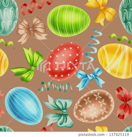 A seamless watercolor pattern with colorful Easter eggs, festive ribbons, and bows. A festive backdrop for spring celebrations, gift wrapping, and textiles. A seamless watercolor pattern with colorful Easter eggs, festive ribbons, and bows. A festive backdrop for spring celebrations, gift wrapping, and textiles. 137825119
