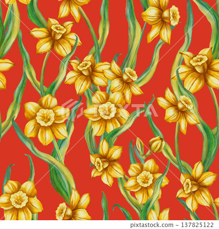A seamless watercolor pattern with yellow daffodils and green leaves. A hand-drawn spring botanical illustration. Perfect for textiles, packaging, cards, and invitations. 137825122