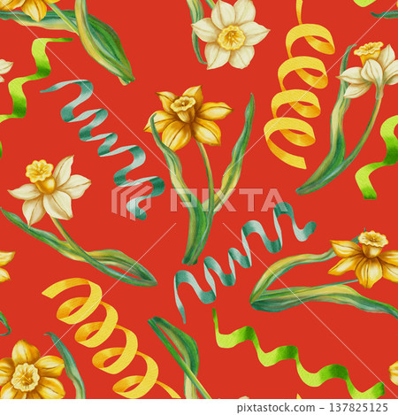 Seamless watercolor pattern with daffodils and festive curly ribbons. Hand drawn spring floral background for Easter holidays and party decor. Perfect for textiles, packaging, cards, and invitations. Seamless watercolor pattern with daffodils and festive curly ribbons. Hand drawn spring floral background for Easter holidays and party decor. Perfect for textiles, packaging, cards, and invitations. 137825125
