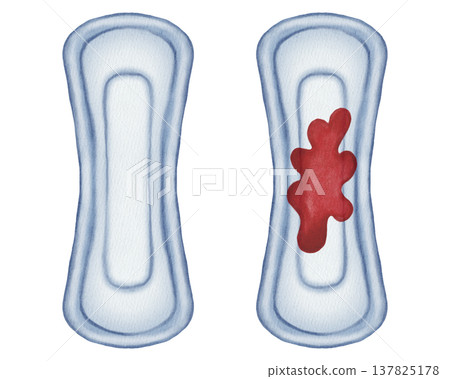Hand-drawn watercolor sanitary pads illustration. One clean pad and one with a red blood spot, representing menstrual flow and period reality. Ideal for healthcare and educational use 137825178