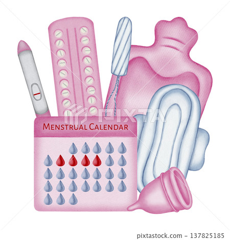 Watercolor collage with menstrual calendar, pad, cup, tampon, hot water bottle, and pregnancy test. Comprehensive set of feminine hygiene and cycle tracking tools Watercolor collage with menstrual calendar, pad, cup, tampon, hot water bottle, and pregnancy test. Comprehensive set of feminine hygiene and cycle tracking tools 137825185