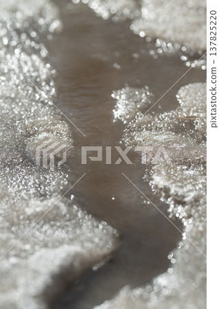 Streams start flowing. Flowing waters increase as melting snow feeds peaceful streams. Water from melting snow nourishes and sustains tranquil streams during springtime 137825220