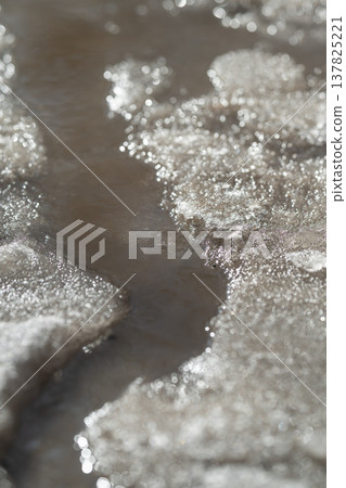 Glistening surface with miniature flowing water textures. Radiant shimmering plane showcasing tiny spring water flows and intricate crystallike abstract patterns 137825221
