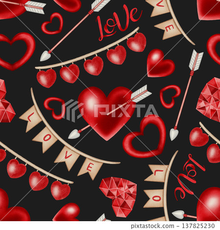 Watercolor seamless pattern with red hearts, arrows and love banners. Ideal for Valentine's Day, romantic cards, packaging, wrapping paper, party decor, cafes, shops and festive menus. 137825230