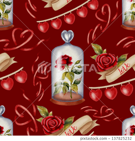 Beautiful watercolor seamless pattern combining red roses and romantic heart shapes. Ideal for Valentine's Day, romantic cards, packaging, wrapping paper, party decor, cafes, shops and festive menu Beautiful watercolor seamless pattern combining red roses and romantic heart shapes. Ideal for Valentine's Day, romantic cards, packaging, wrapping paper, party decor, cafes, shops and festive menu 137825232