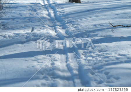 Snow with shadowed icy grooves. Parallel ski tracks on reflective icy surface. Distinct shadowed lines and shining reflections highlight ski marks on icy snow surface Snow with shadowed icy grooves. Parallel ski tracks on reflective icy surface. Distinct shadowed lines and shining reflections highlight ski marks on icy snow surface 137825266