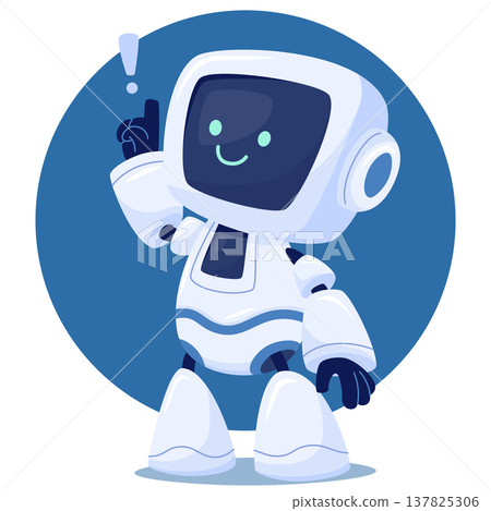 A cute, white cartoon android character with a screen for a face. robot came up with a new idea or solution to a problem 137825306