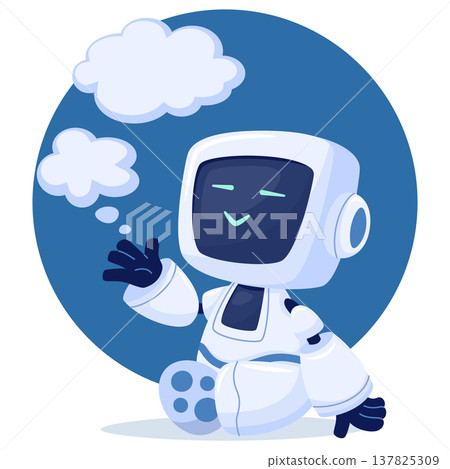 A cute, white cartoon android character with a screen for a face. A robot sits and tells a story, space for text 137825309