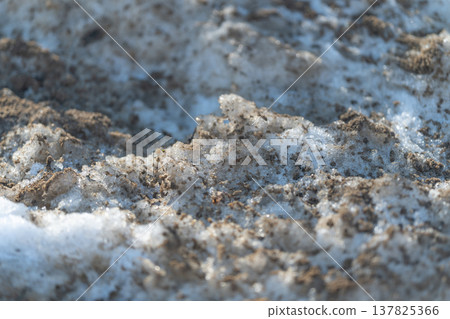 Snow melting contaminates roadside runoff. Roadside snow turns into polluted runoff containing sediment. Melting snow along roadside introduces sediment and oil into water flow Snow melting contaminates roadside runoff. Roadside snow turns into polluted runoff containing sediment. Melting snow along roadside introduces sediment and oil into water flow 137825366