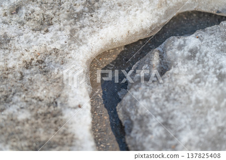 Flowing water shapes glacier. Spring melts carve icy passageways now. Glistening droplets reflect sunlight as spring melt shapes narrow waterway through icy terrain 137825408