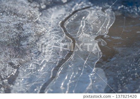 Flowing ice in spring forming narrow melt channels and glossy grooves along creek edge, dynamic contrast between frozen ridges and wet runoff under bright daylight Flowing ice in spring forming narrow melt channels and glossy grooves along creek edge, dynamic contrast between frozen ridges and wet runoff under bright daylight 137825420