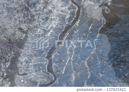 Layered ice in spring reveals stratified sheets and hairline cracks over gritty shoreline, warm ground tones bleeding through translucent layers suggesting thaw progression Layered ice in spring reveals stratified sheets and hairline cracks over gritty shoreline, warm ground tones bleeding through translucent layers suggesting thaw progression 137825421