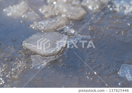 Frozen piece atop warm roadway. Fragment of ice thawing on busy pavement during spring season. Piece of ice melting amidst urban street debris during spring transitional period Frozen piece atop warm roadway. Fragment of ice thawing on busy pavement during spring season. Piece of ice melting amidst urban street debris during spring transitional period 137825446