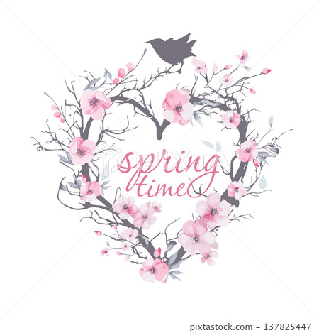 Heart frame with a spring bird . Hand drawn. Not AI, vector illustration. 137825447
