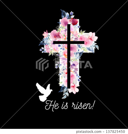 Religious cross with watercolor flowers flowers . Hand drawn. Not AI, vector illustration. He is risen Hand drawn. Not AI, vector illustration Religious cross with watercolor flowers flowers . Hand drawn. Not AI, vector illustration. He is risen Hand drawn. Not AI, vector illustration 137825450