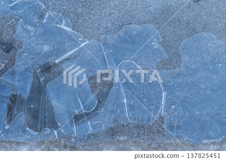 Ice shards scatter. Breaking ice pieces spread fast. Shattered ice fragments swiftly drift away. Fragments of fractured ice rapidly separate with sharp edges clearly visible 137825451