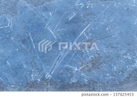 Blue melting ice sheet closeup revealing crystalline patterns and subtle frost lines, cool tonal palette, macro perspective suited for texture and background use Blue melting ice sheet closeup revealing crystalline patterns and subtle frost lines, cool tonal palette, macro perspective suited for texture and background use 137825453