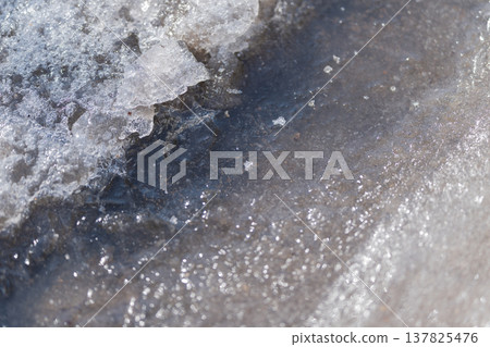 Translucent ice sheets disintegrate into fragments beside flowing river. Delicate layers of ice fracture into small pieces along quiet streambank during spring thaw Translucent ice sheets disintegrate into fragments beside flowing river. Delicate layers of ice fracture into small pieces along quiet streambank during spring thaw 137825476