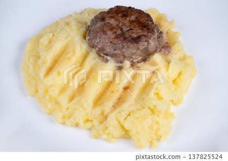 Zoomed picture of meal features. Detailed view showcasing food textures and ridges. Highly detailed image capturing textures of meat and mashed potato ridges accurately 137825524