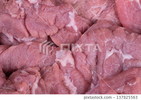 Uncooked meat with cold sheen and visible muscle structure. Detailed view of fresh raw pork demonstrating muscle fibers and appealing surface texture for culinary presentation Uncooked meat with cold sheen and visible muscle structure. Detailed view of fresh raw pork demonstrating muscle fibers and appealing surface texture for culinary presentation 137825563